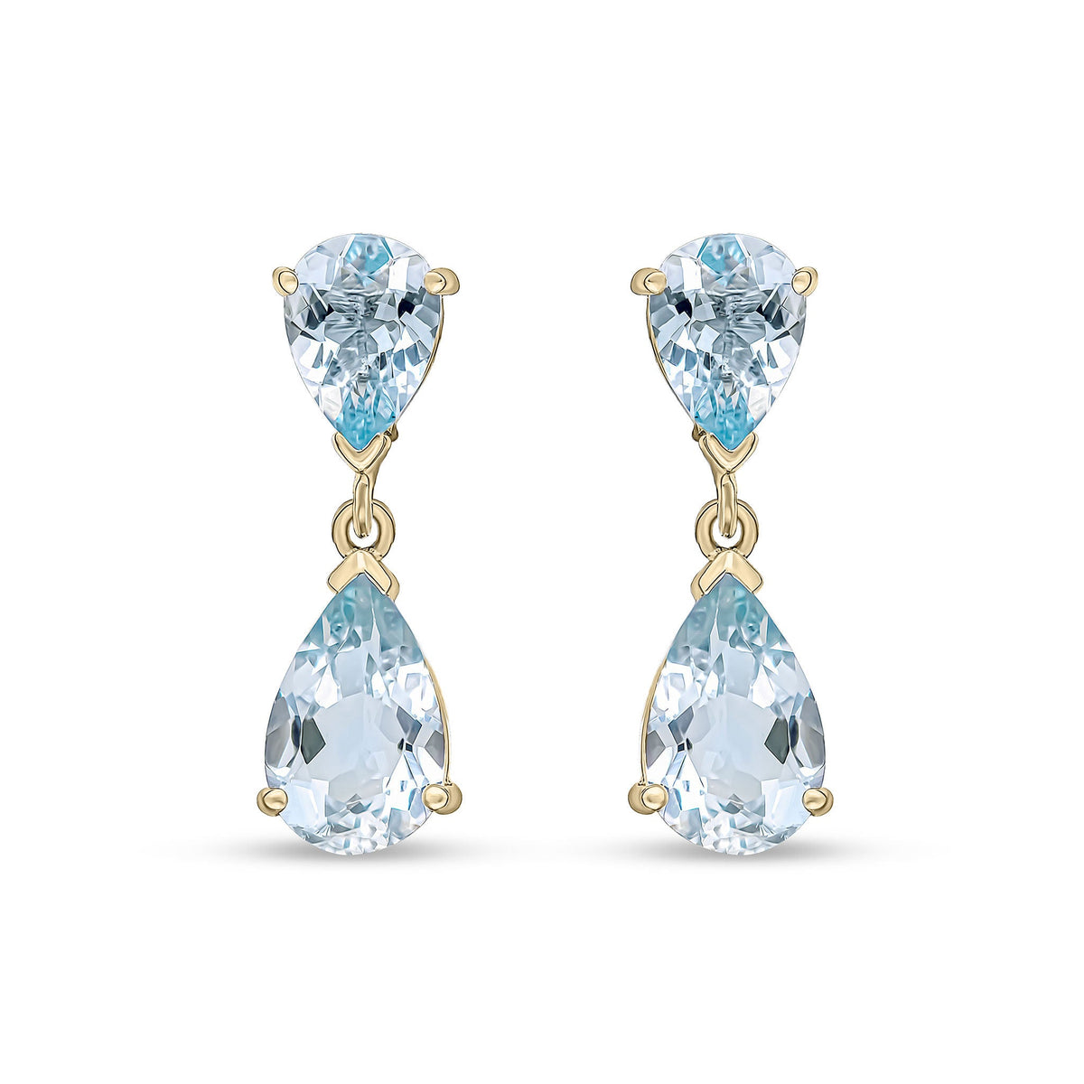 9ct Yellow Gold Pear Shaped Natural Aquamarine Two Stone Claw Drop Earrings — 9x6mm