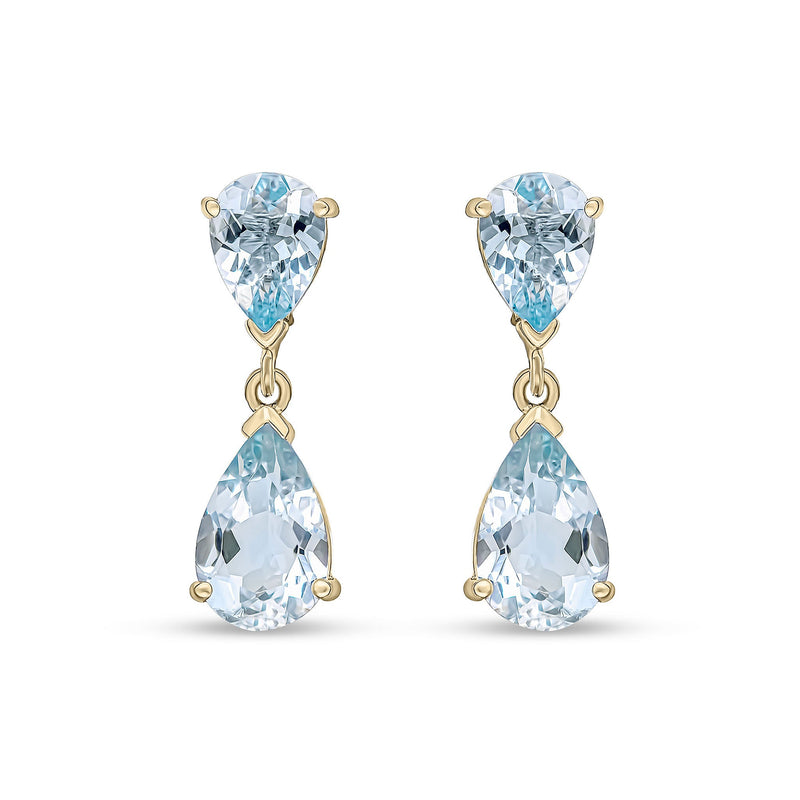 9ct Yellow Gold Pear Shaped Natural Aquamarine Two Stone Claw Drop Earrings — 9x6mm
