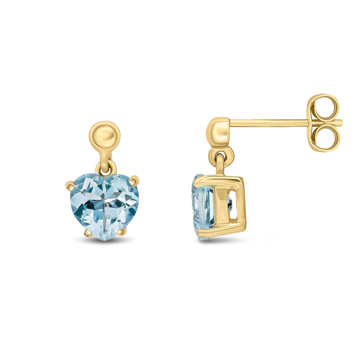 9ct Yellow Gold Heart Shaped Natural Aquamarine Claw Drop Earrings with Bead Top — 6mm