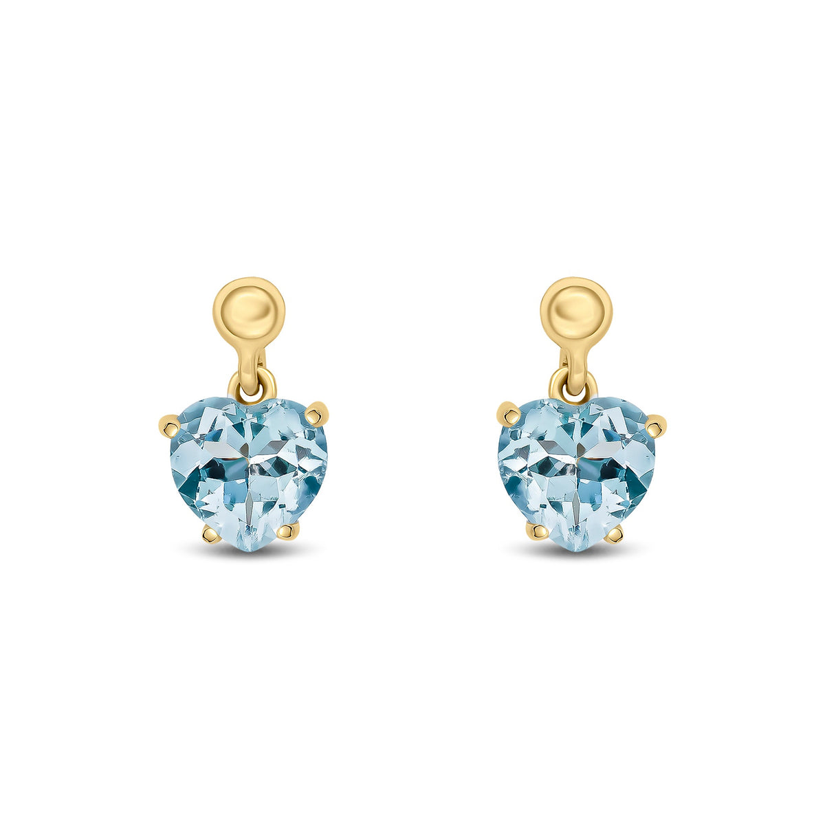 9ct Yellow Gold Heart Shaped Natural Aquamarine Claw Drop Earrings with Bead Top — 6mm