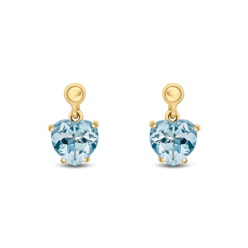 9ct Yellow Gold Heart Shaped Natural Aquamarine Claw Drop Earrings with Bead Top — 6mm