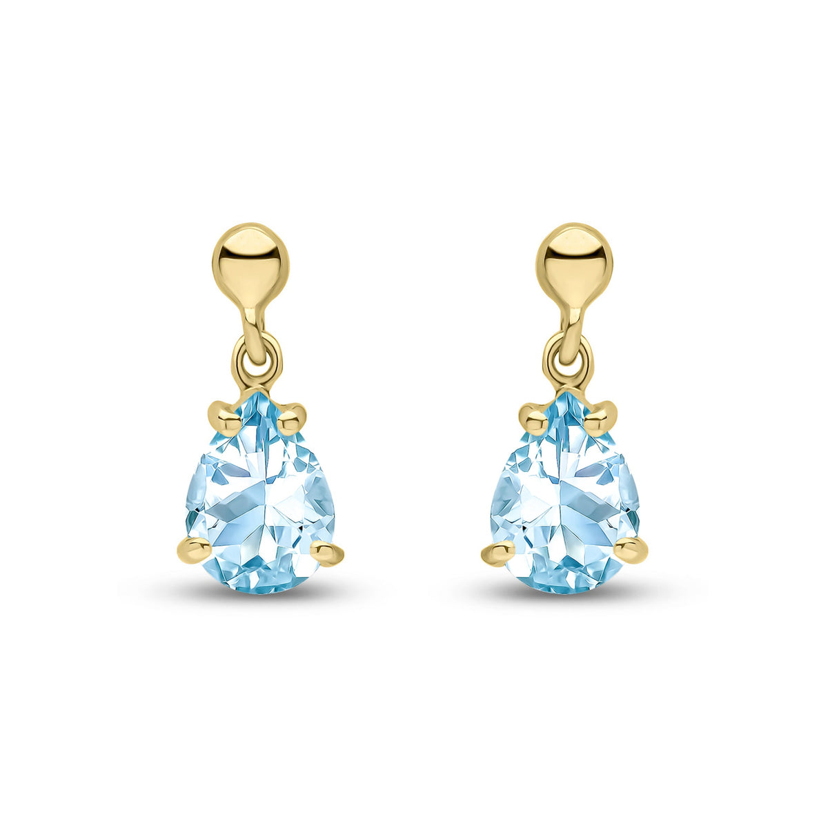9ct Yellow Gold Pear Shaped Natural Aquamarine Claw Drop Earrings — 7x5mm