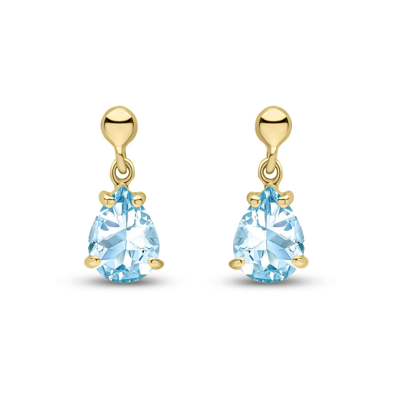 9ct Yellow Gold Pear Shaped Natural Aquamarine Claw Drop Earrings — 7x5mm