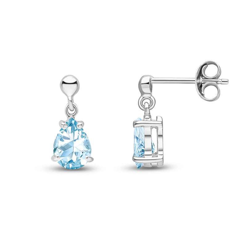 9ct White Gold Pear Shaped Natural Aquamarine Claw Drop Earrings — 7x5mm