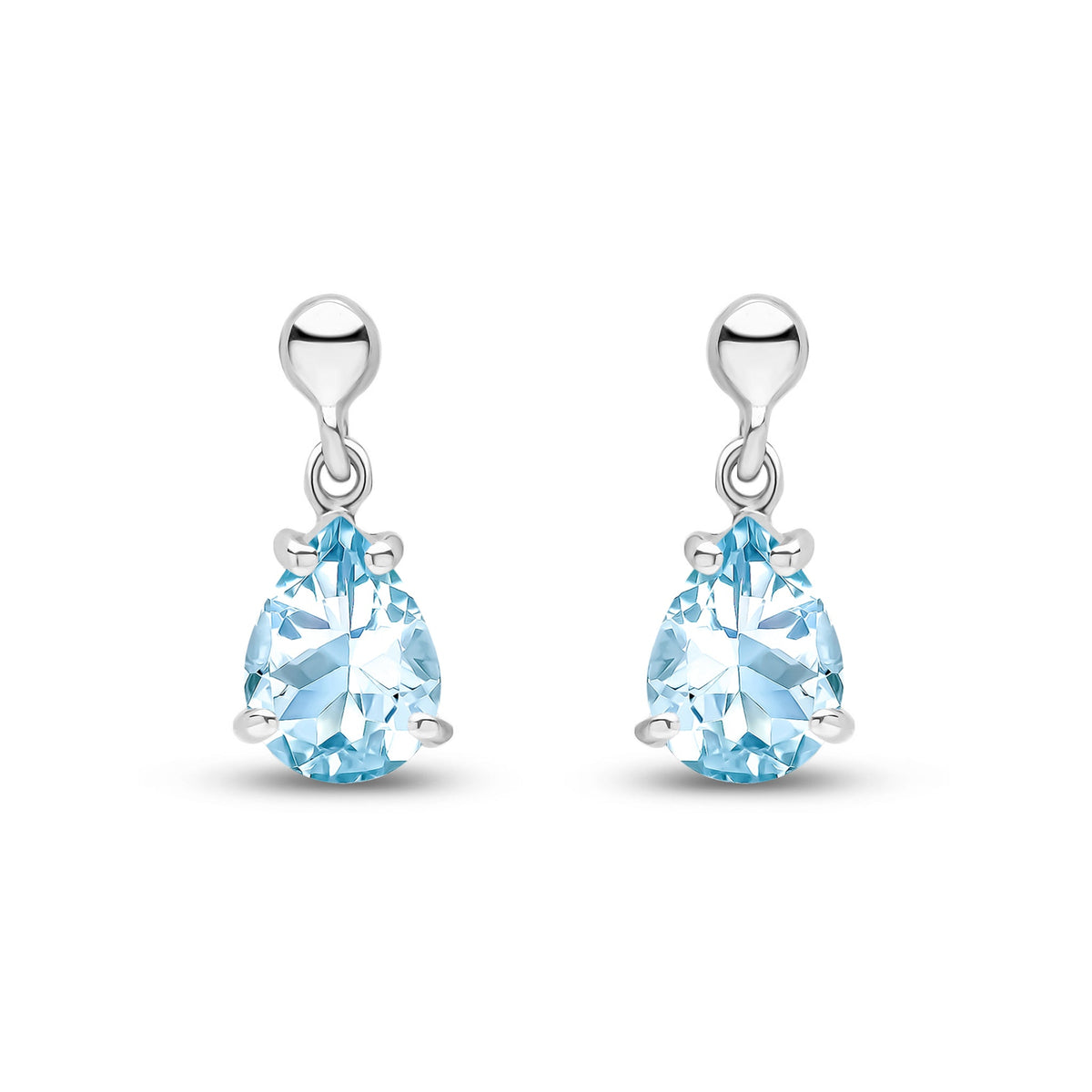 9ct White Gold Pear Shaped Natural Aquamarine Claw Drop Earrings — 7x5mm
