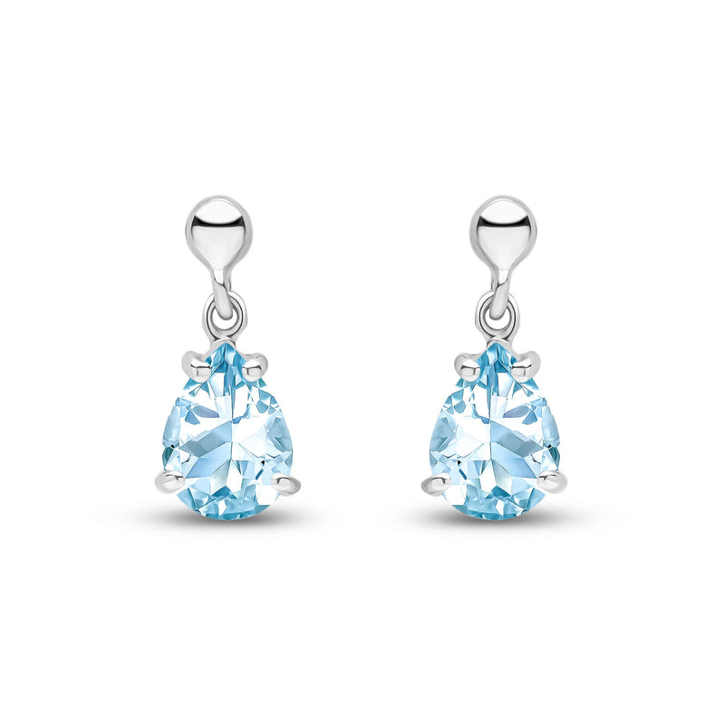9ct White Gold Pear Shaped Natural Aquamarine Claw Drop Earrings — 7x5mm