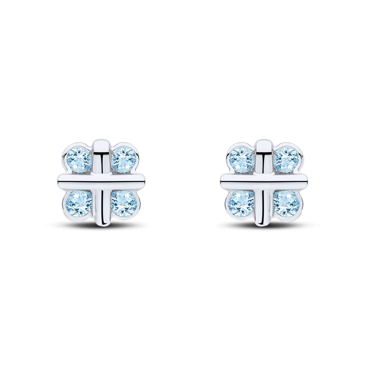 9ct White Gold Round Natural Aquamarine Rubover Quatrefoil Stud Earrings with Cross Centre