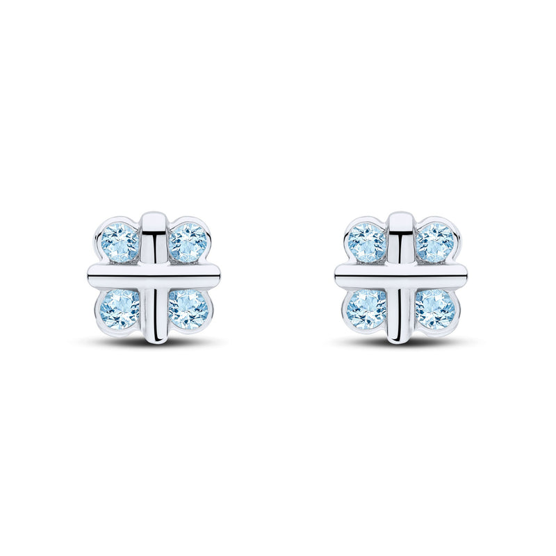 9ct White Gold Round Natural Aquamarine Rubover Quatrefoil Stud Earrings with Cross Centre