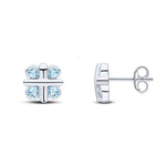 9ct White Gold Round Natural Aquamarine Rubover Quatrefoil Stud Earrings with Cross Centre