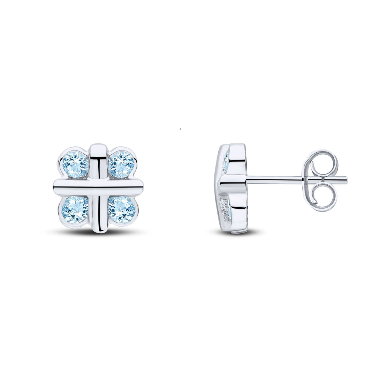 9ct White Gold Round Natural Aquamarine Rubover Quatrefoil Stud Earrings with Cross Centre
