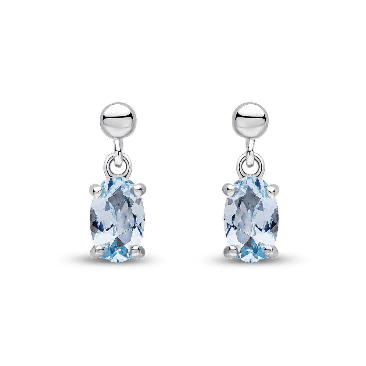 9ct White Gold Oval Natural Aquamarine Claw Drop Earrings with Bead Top — 6x4mm