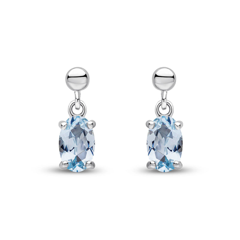 9ct White Gold Oval Natural Aquamarine Claw Drop Earrings with Bead Top — 6x4mm