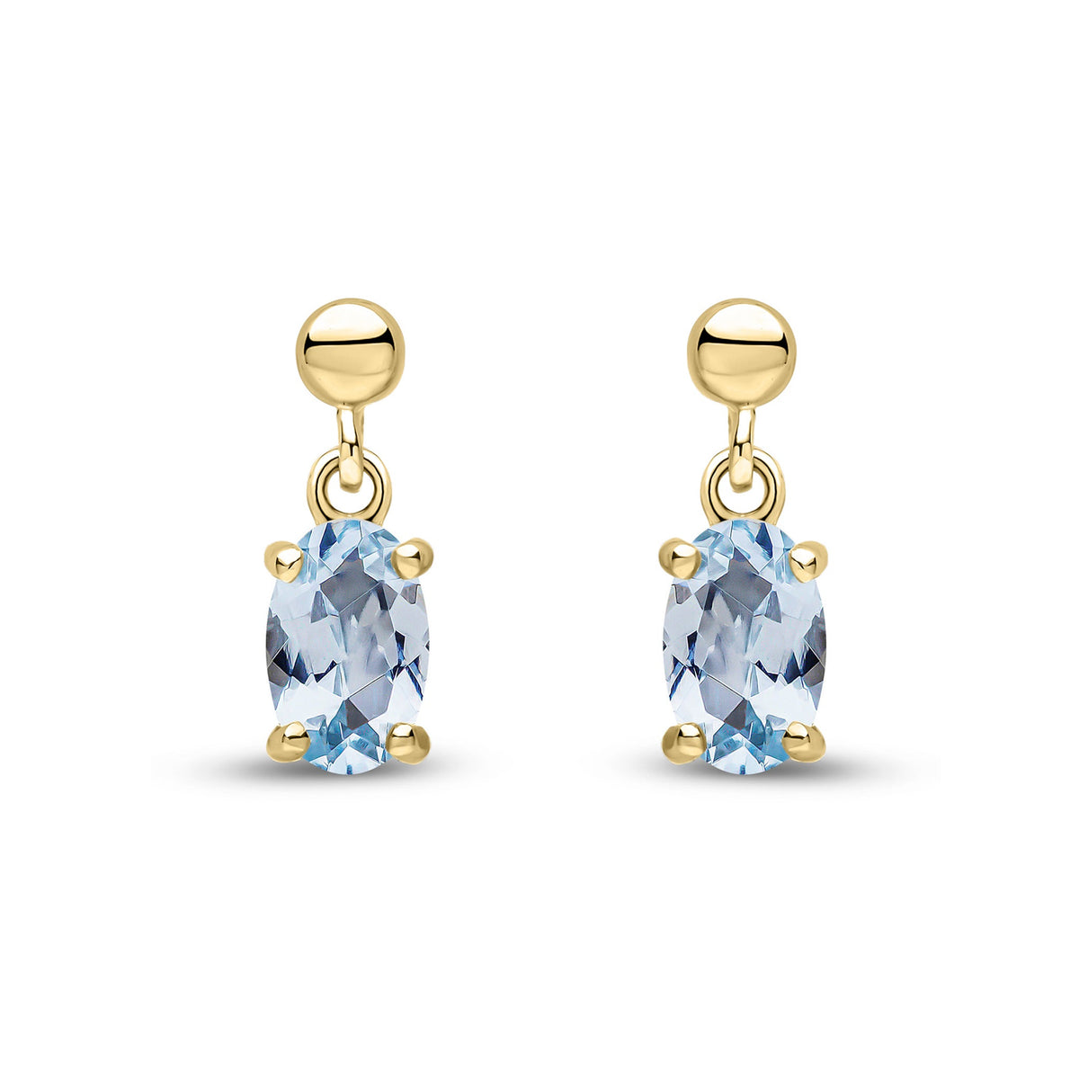 9ct Yellow Gold Oval Natural Aquamarine Claw Drop Earrings with Bead Top — 6x4mm