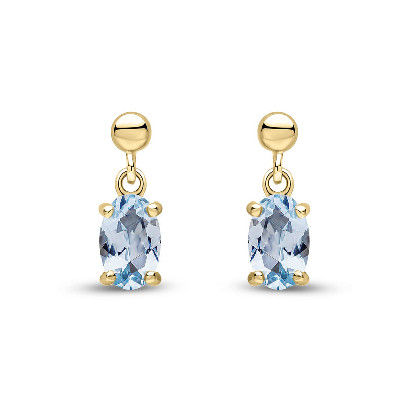 9ct Yellow Gold Oval Natural Aquamarine Claw Drop Earrings with Bead Top — 6x4mm