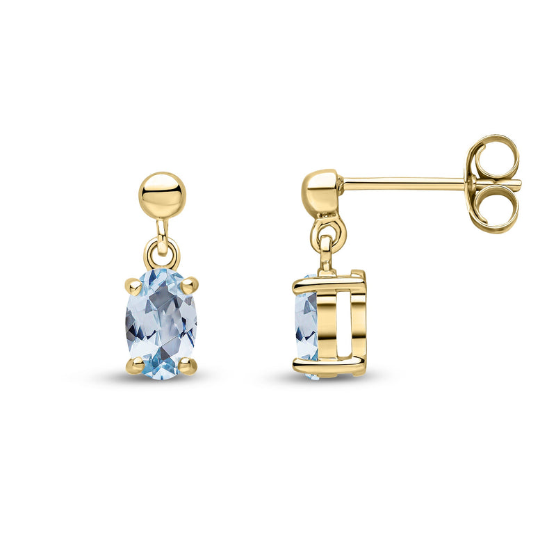 9ct Yellow Gold Oval Natural Aquamarine Claw Drop Earrings with Bead Top — 6x4mm