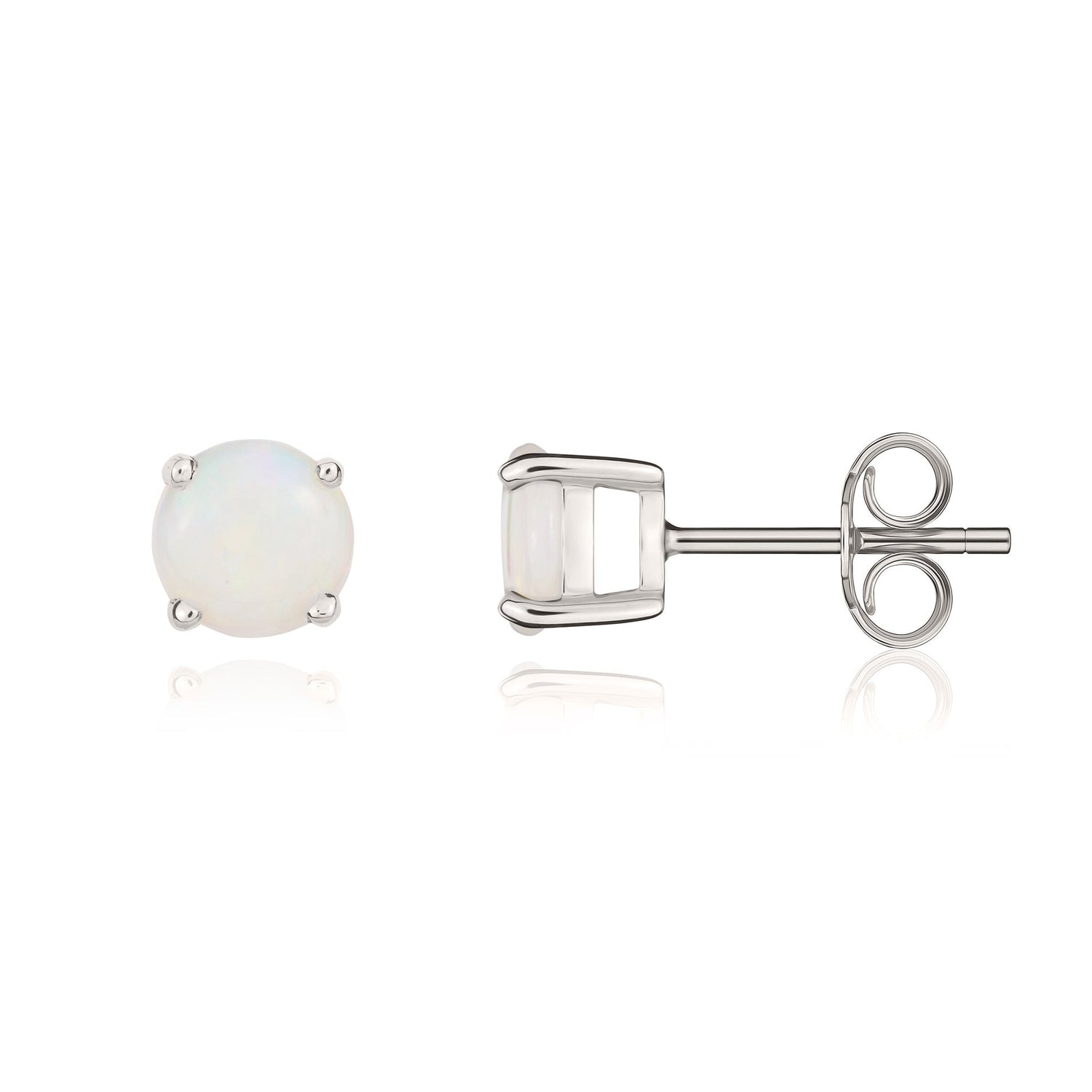 9ct White Gold Round Natural Opal Four Claw Stud Earrings — 5mm