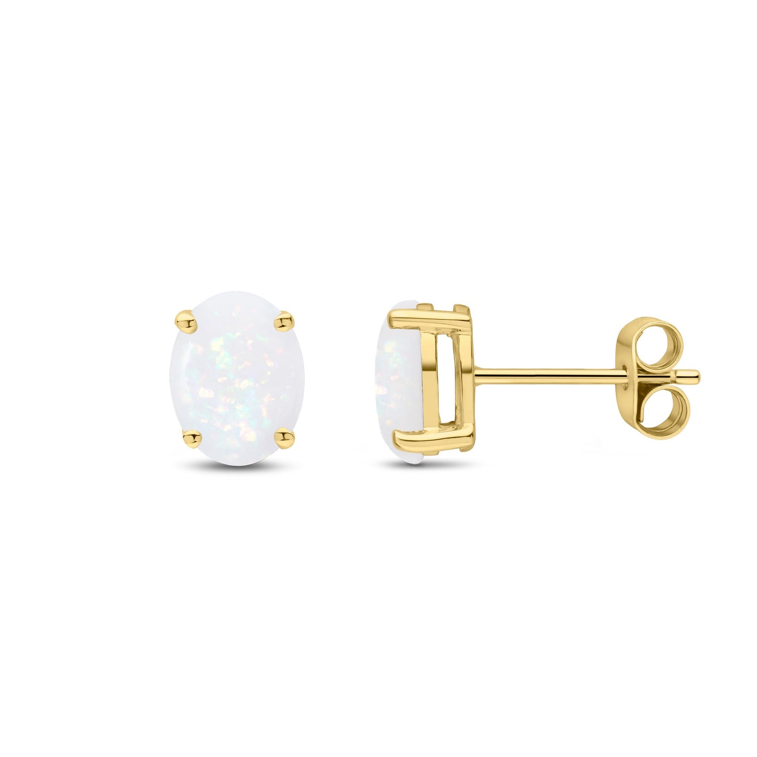 9ct Yellow Gold Oval Natural Opal Claw Stud Earrings — 8x6mm