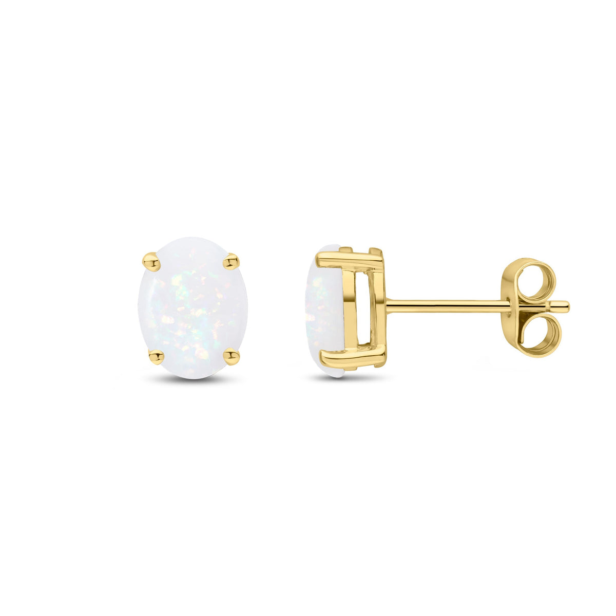 9ct Yellow Gold Oval Natural Opal Claw Stud Earrings — 8x6mm