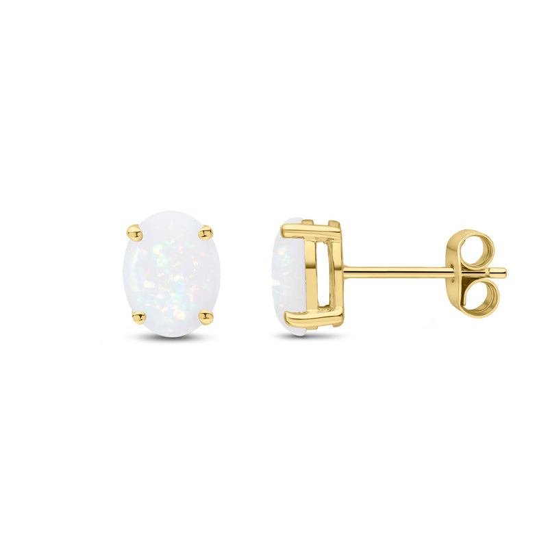9ct Yellow Gold Oval Natural Opal Claw Stud Earrings — 8x6mm