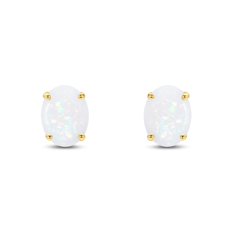 9ct Yellow Gold Oval Natural Opal Claw Stud Earrings — 8x6mm