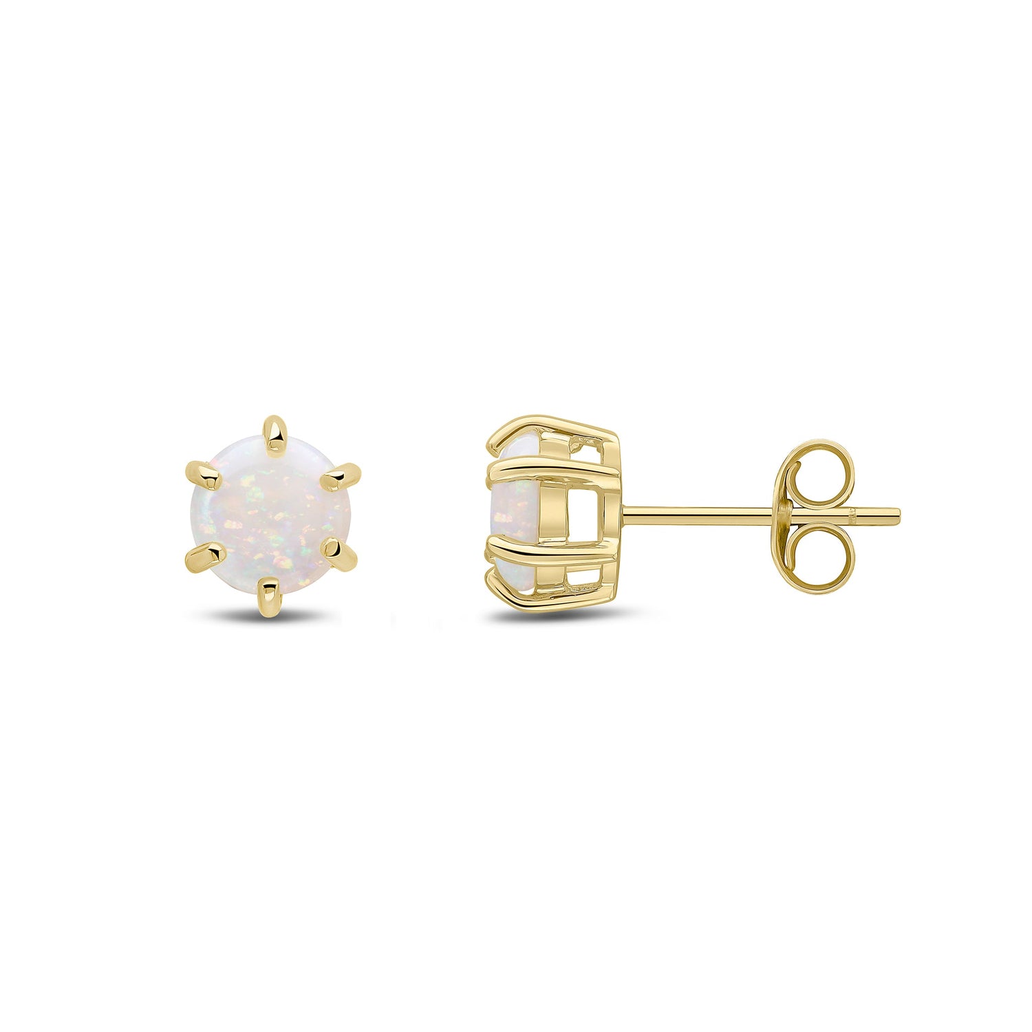 9ct Yellow Gold Round Natural Opal Six Claw Stud Earrings — 6mm