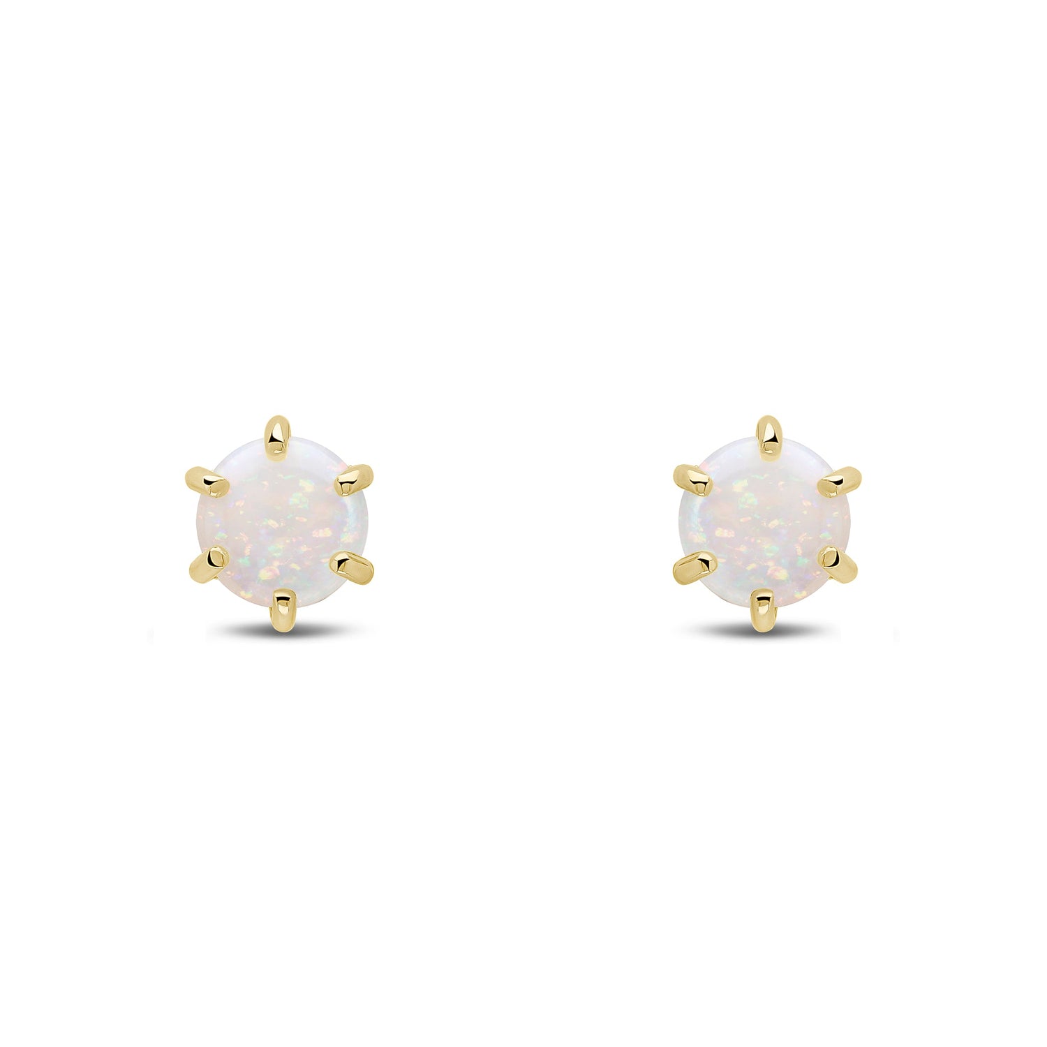 9ct Yellow Gold Round Natural Opal Six Claw Stud Earrings — 6mm