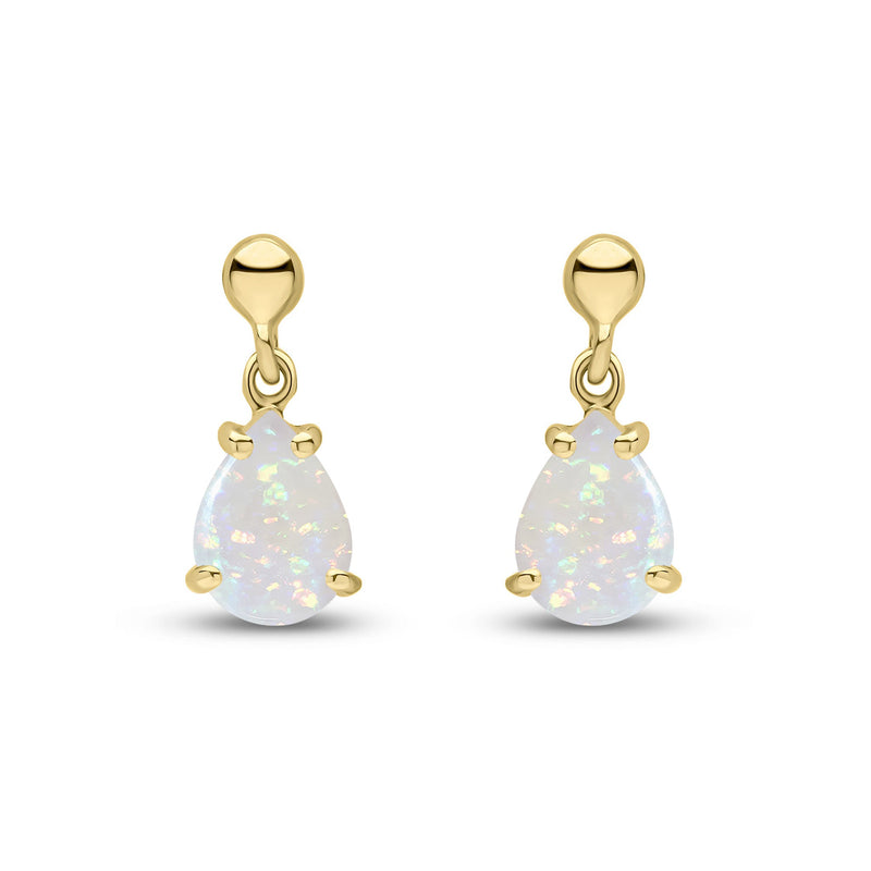 9ct Yellow Gold Pear Shaped Natural Opal Claw Drop Earrings — 7x5mm