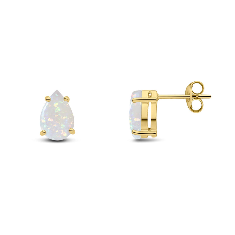 9ct Yellow Gold Pear Shaped Natural Opal Claw Stud Earrings — 9x6mm