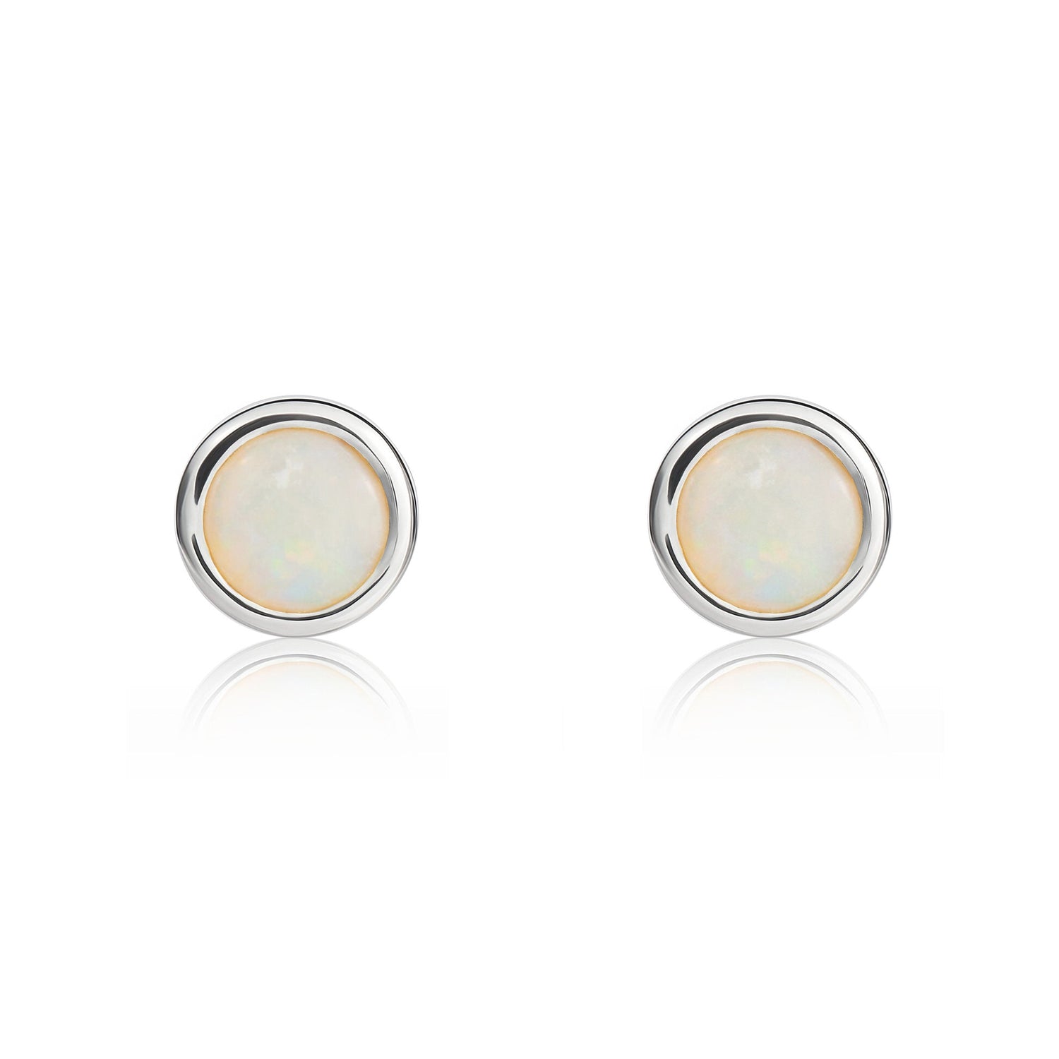 9ct White Gold Round Natural Opal Rubover Stud Earrings — 4mm