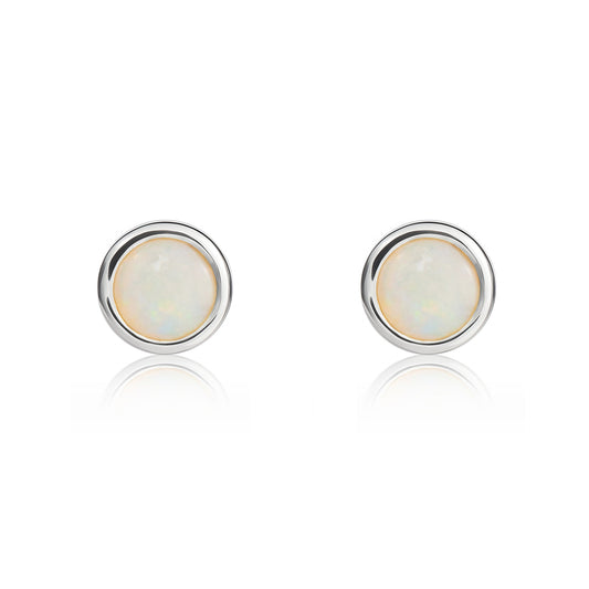9ct White Gold Round Natural Opal Rubover Stud Earrings — 4mm