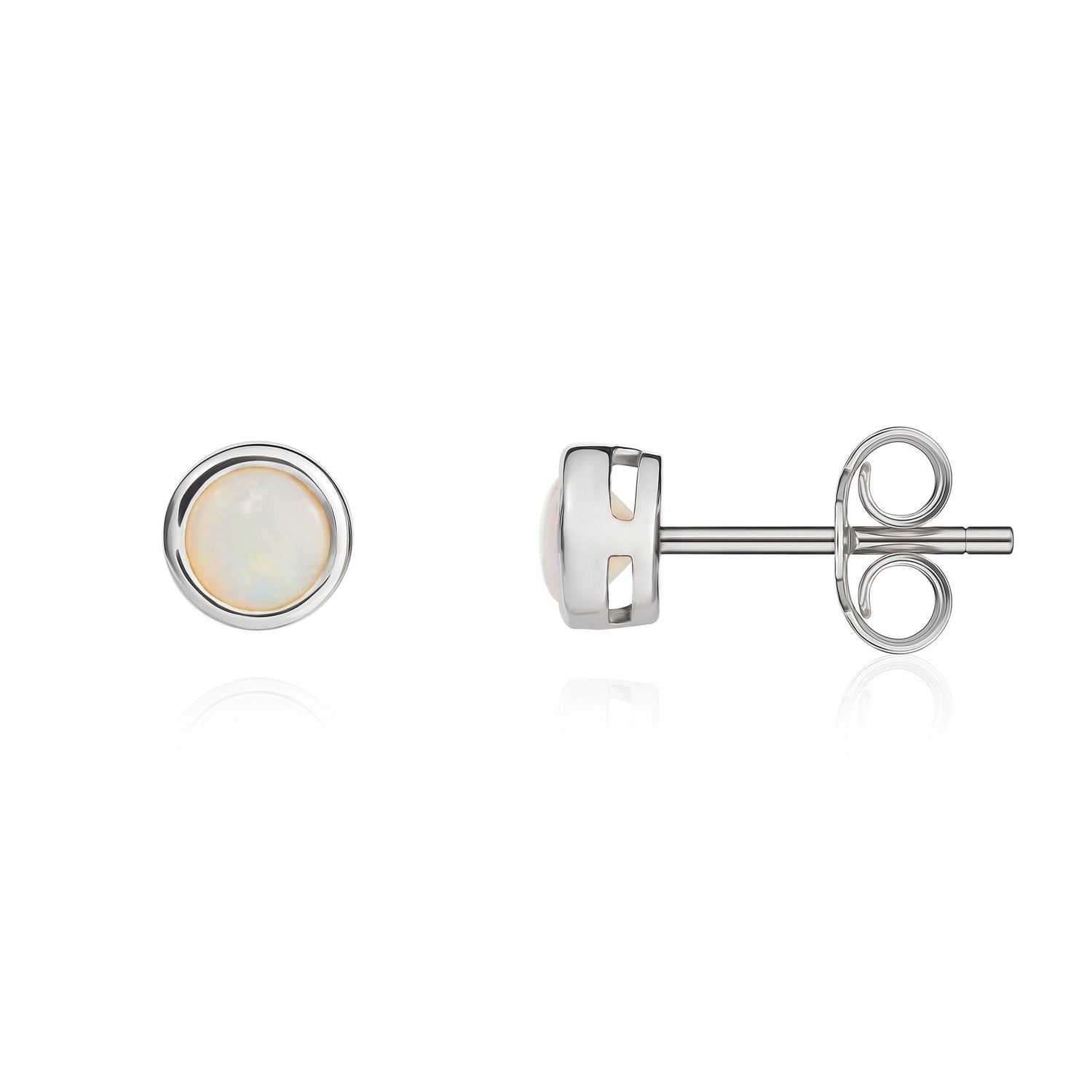 9ct White Gold Round Natural Opal Rubover Stud Earrings — 4mm