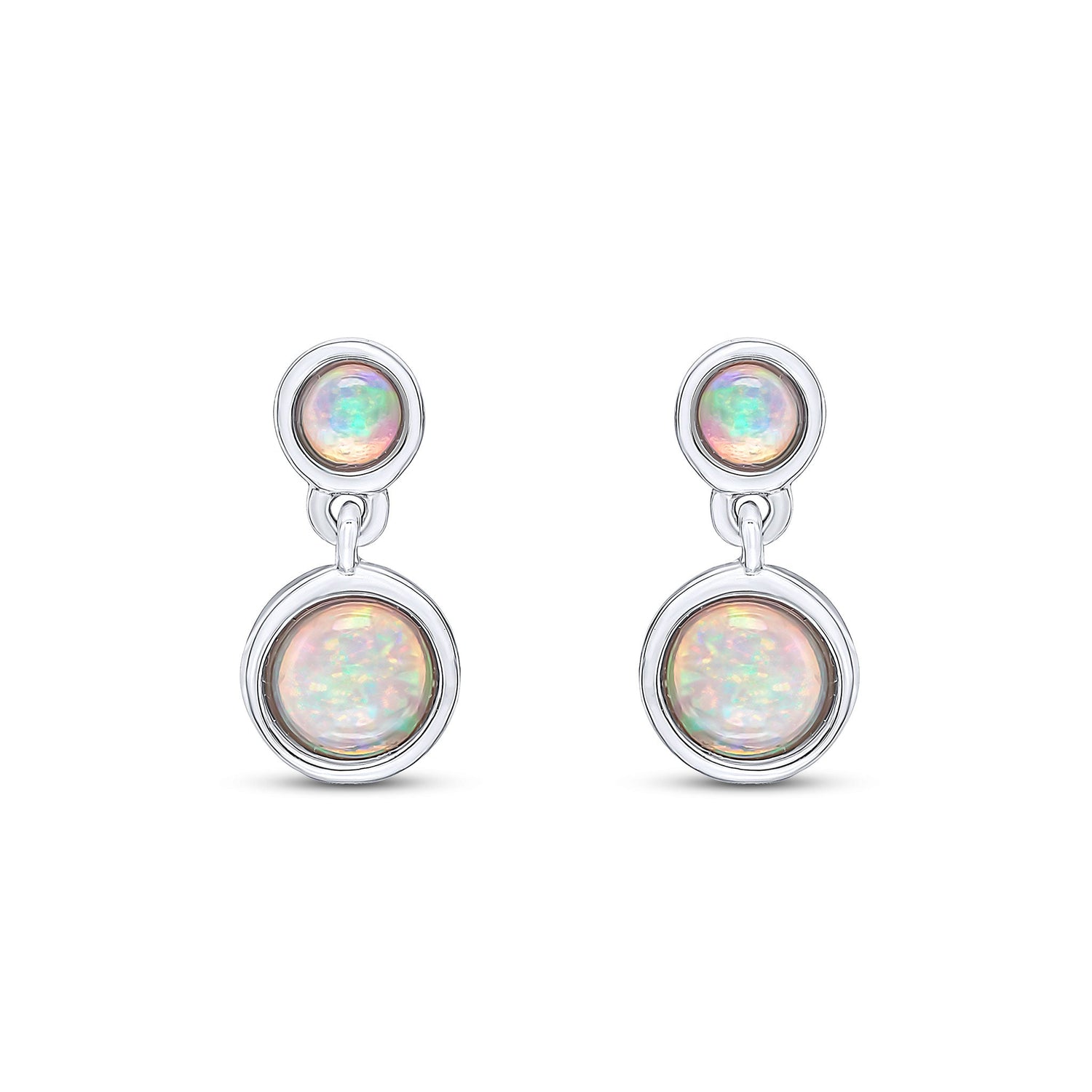 9ct White Gold Round Natural Opal Double Stone Rubover Drop Earrings