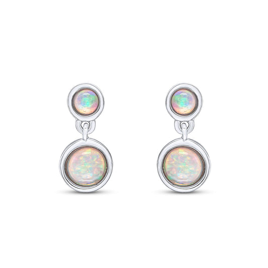 9ct White Gold Round Natural Opal Double Stone Rubover Drop Earrings