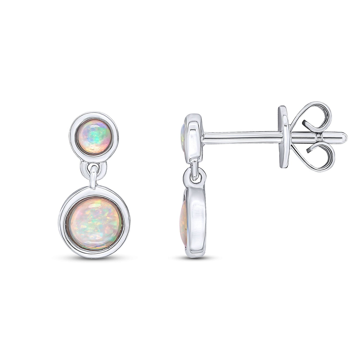 9ct White Gold Round Natural Opal Double Stone Rubover Drop Earrings