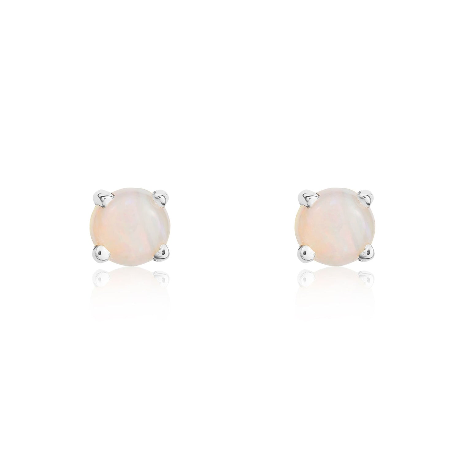 9ct White Gold Round Natural Opal Claw Stud Earrings — 4mm