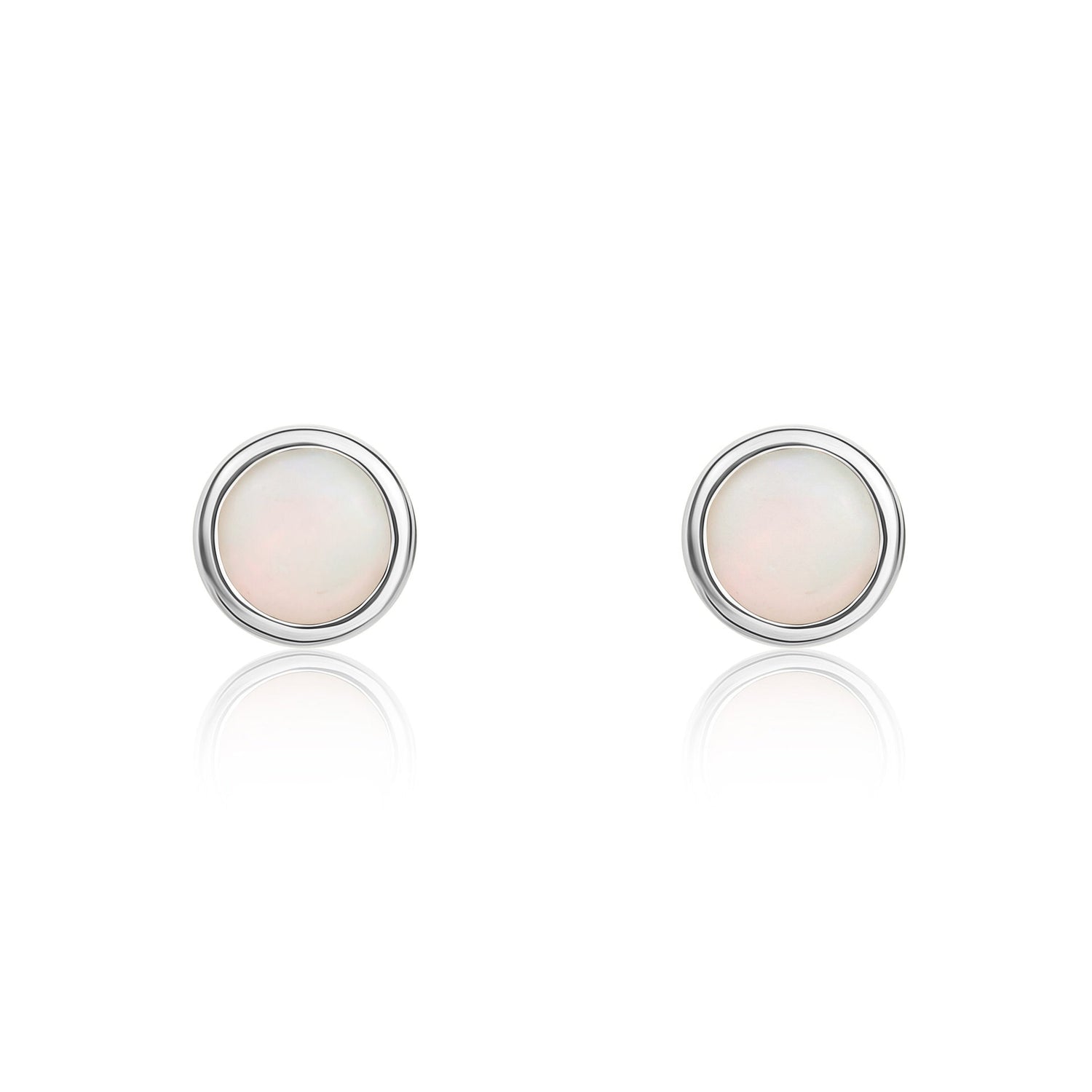 9ct White Gold Round Natural Opal Rubover Stud Earrings — 3mm