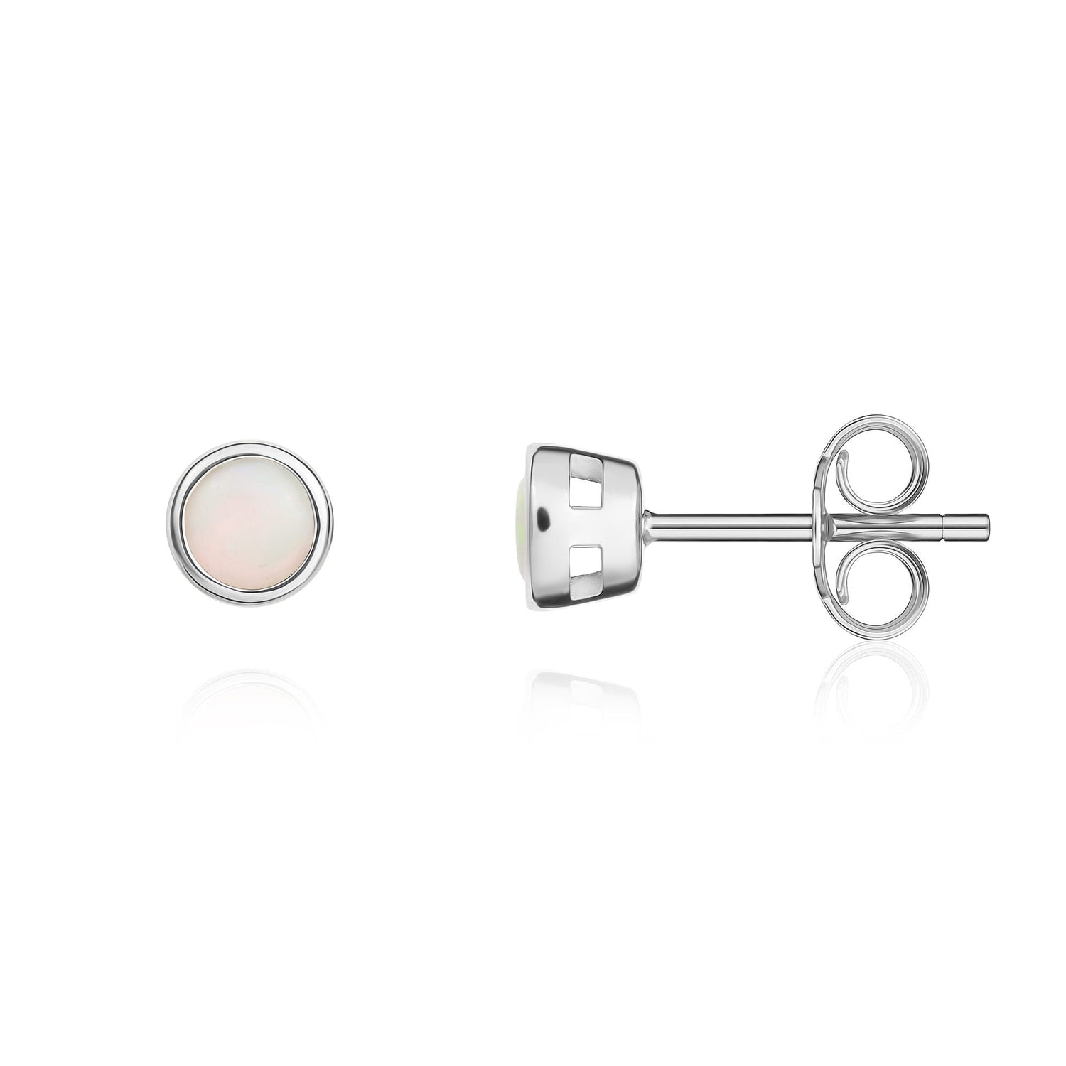 9ct White Gold Round Natural Opal Rubover Stud Earrings — 3mm