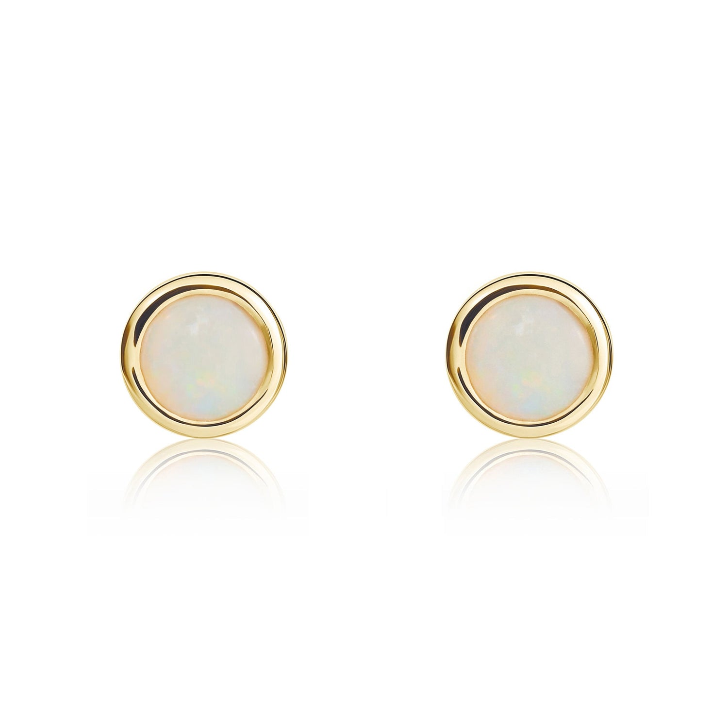9ct Yellow Gold Round Natural Opal Rubover Stud Earrings — 4mm