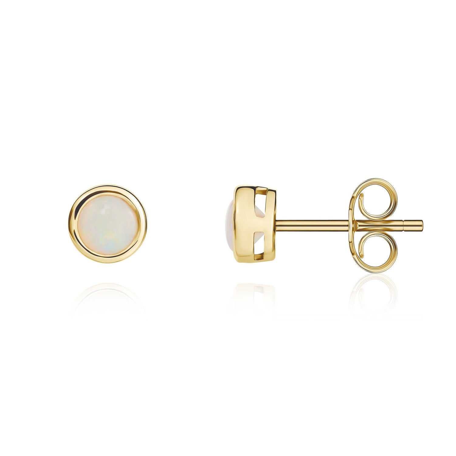 9ct Yellow Gold Round Natural Opal Rubover Stud Earrings — 4mm