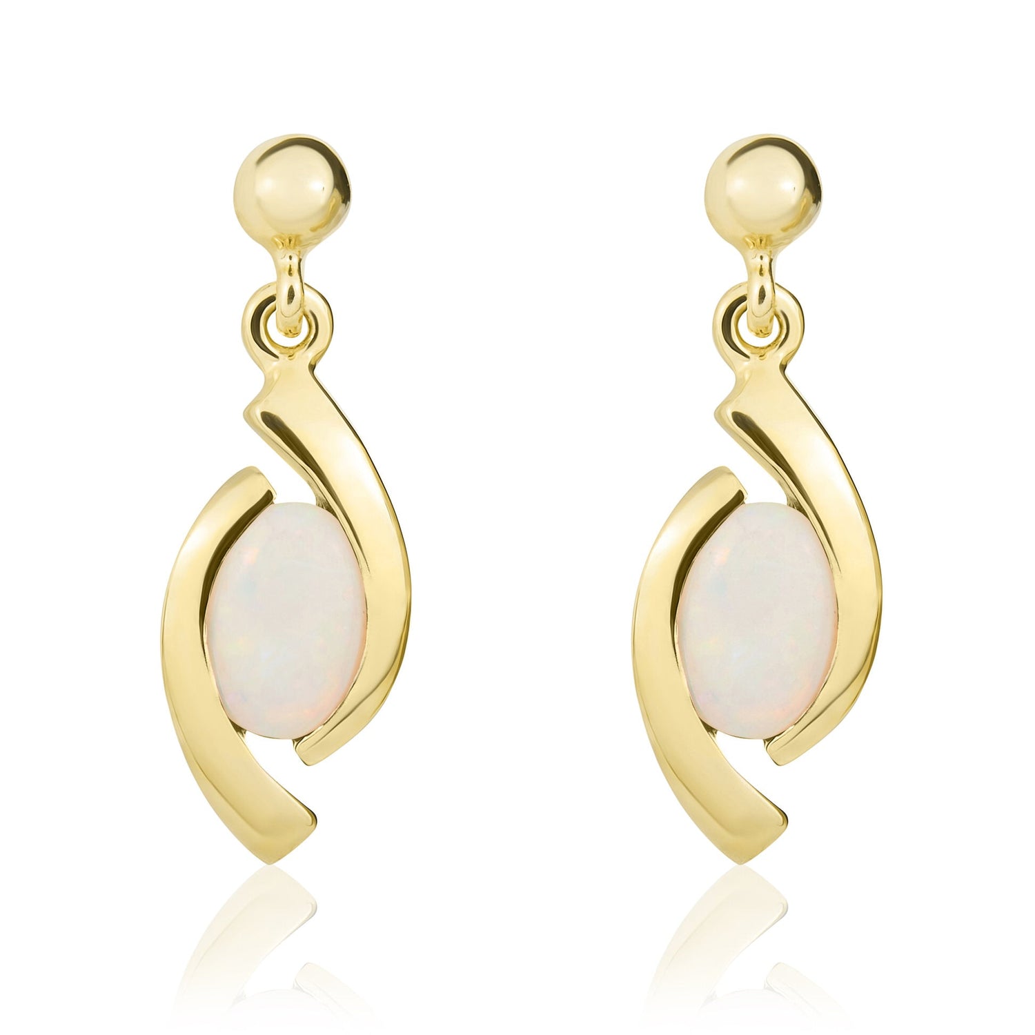 9ct Yellow Gold Oval Natural Opal Eye Drop Earrings with Bead Top — 6x4mm