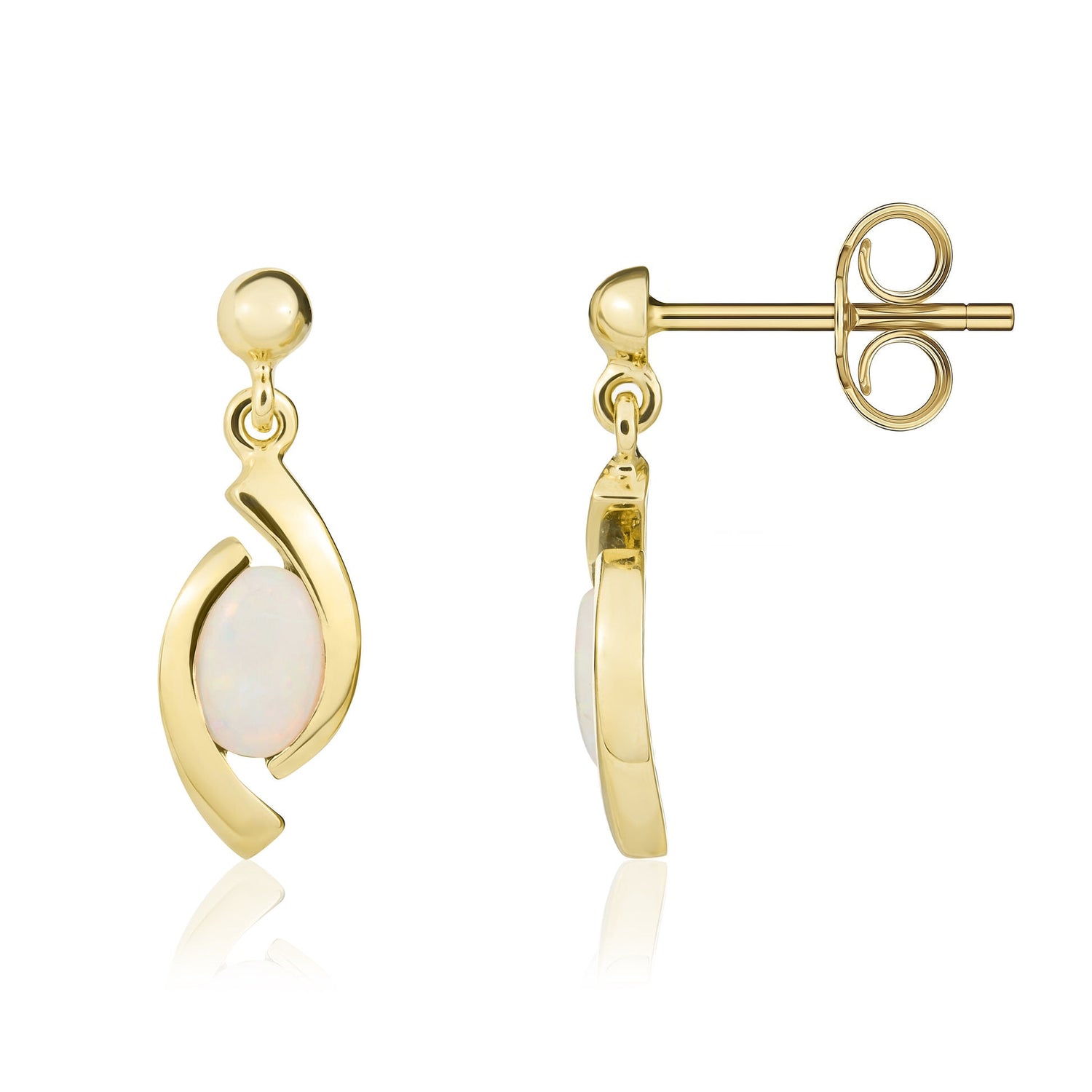 9ct Yellow Gold Oval Natural Opal Eye Drop Earrings with Bead Top — 6x4mm
