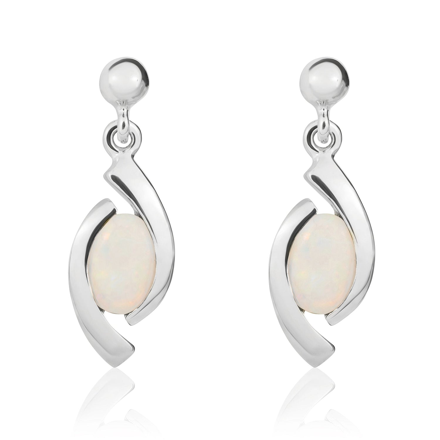 9ct White Gold Oval Natural Opal 'Eye' Drop Earrings — 6x4mm