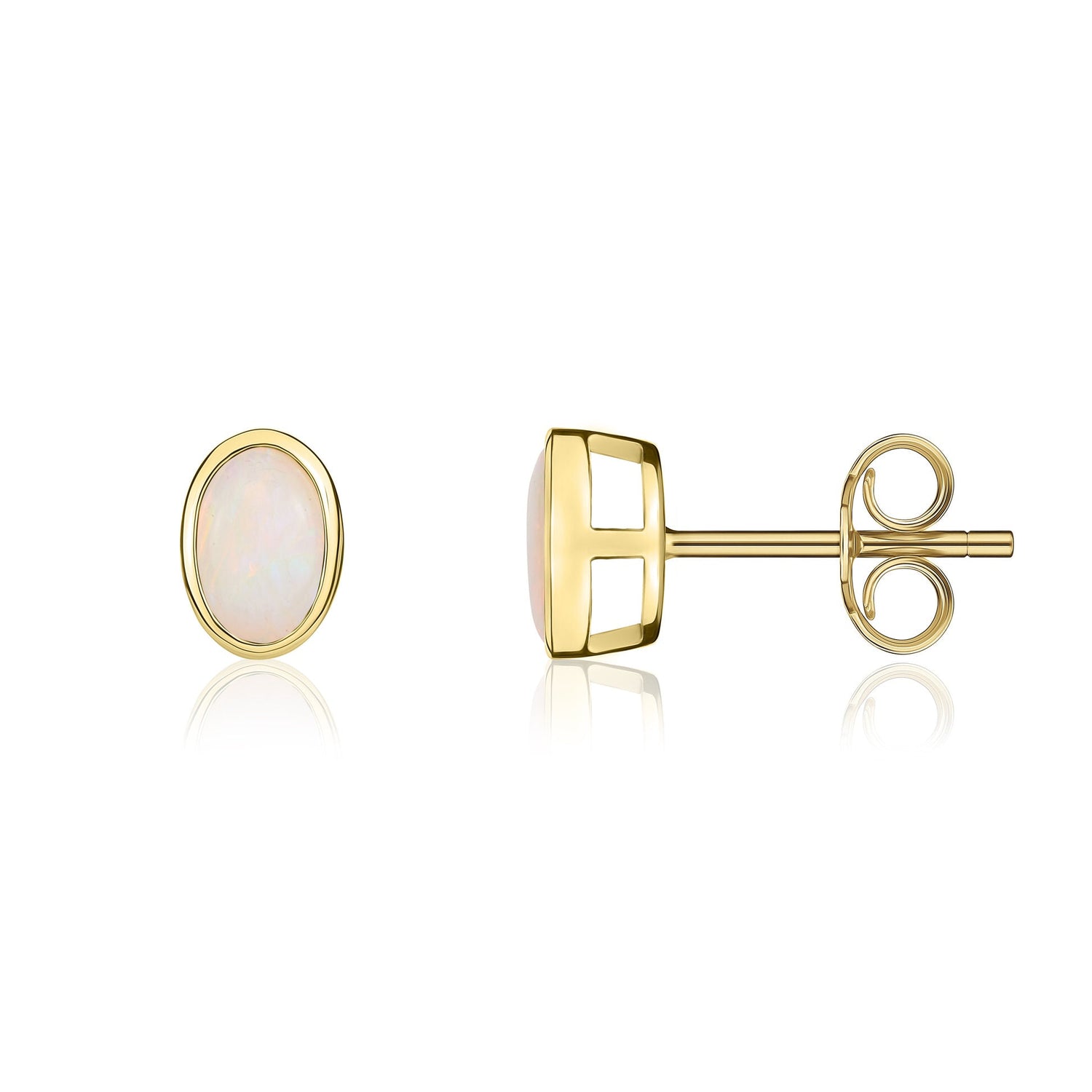 9ct Yellow Gold Oval Natural Opal Rubover Stud Earrings — 6x4mm