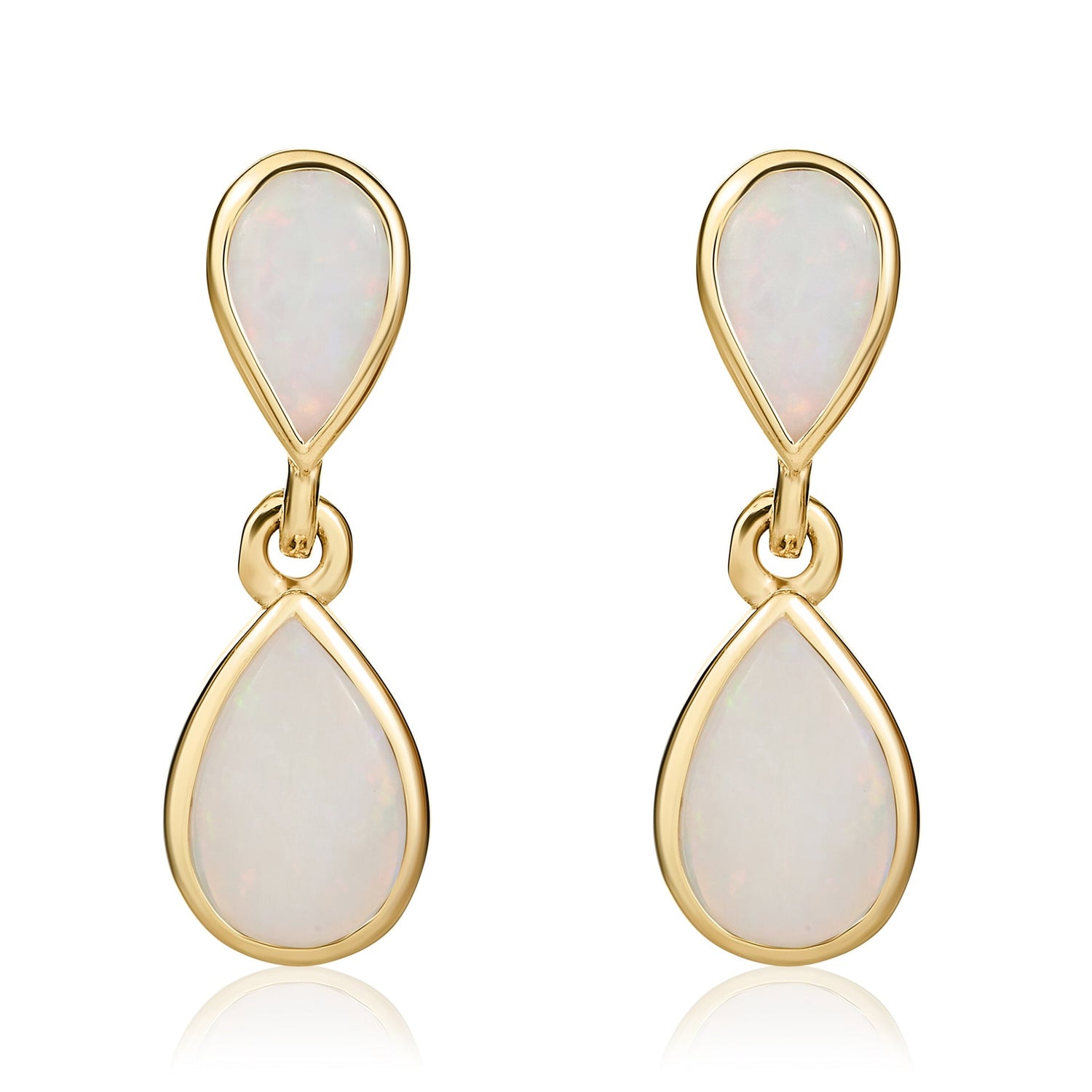 9ct Yellow Gold Pear Shaped Natural Opal Two Stone Rubover Drop Earrings
