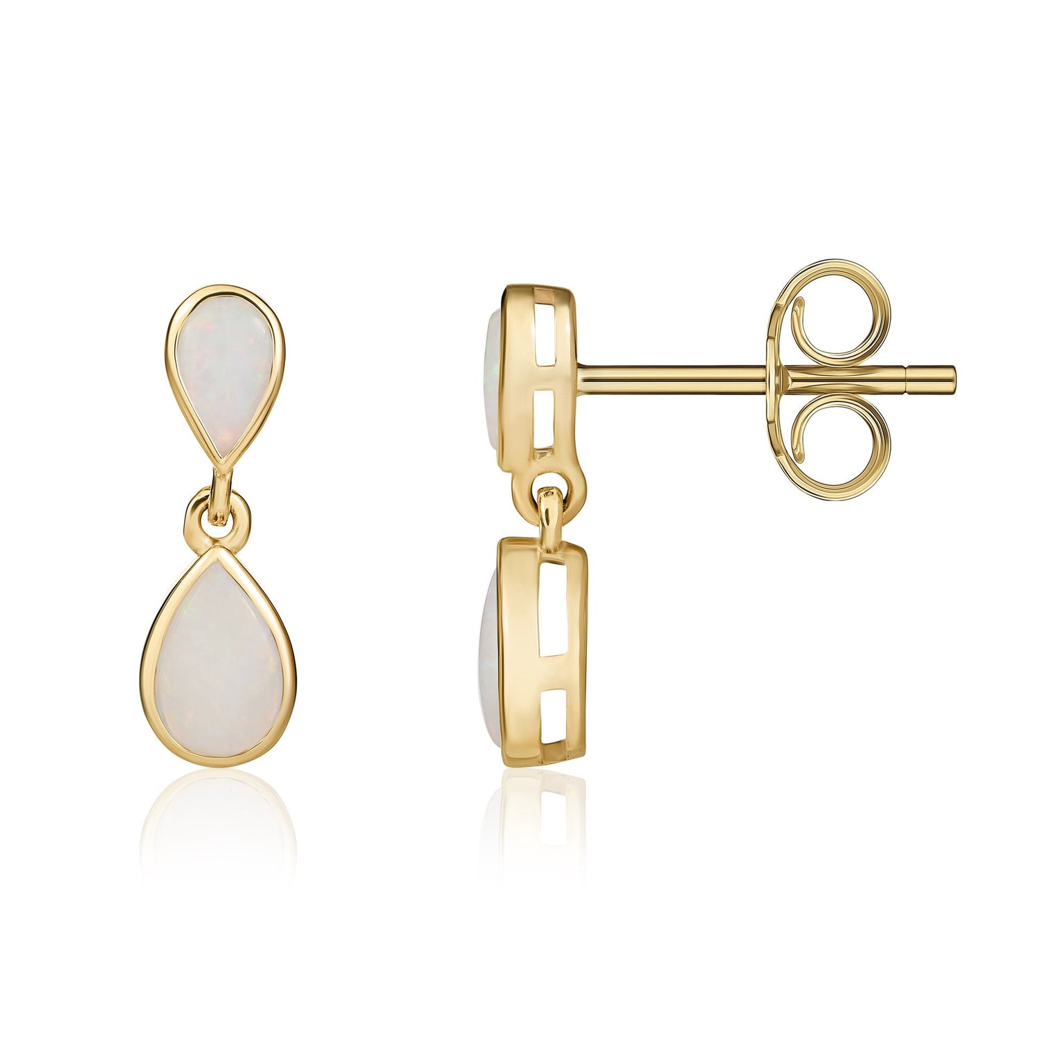 9ct Yellow Gold Pear Shaped Natural Opal Two Stone Rubover Drop Earrings