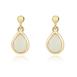 9ct Yellow Gold Pear Shaped Natural Opal Rubover Drop Earrings with 2.5mm Bead Top — 6x4mm