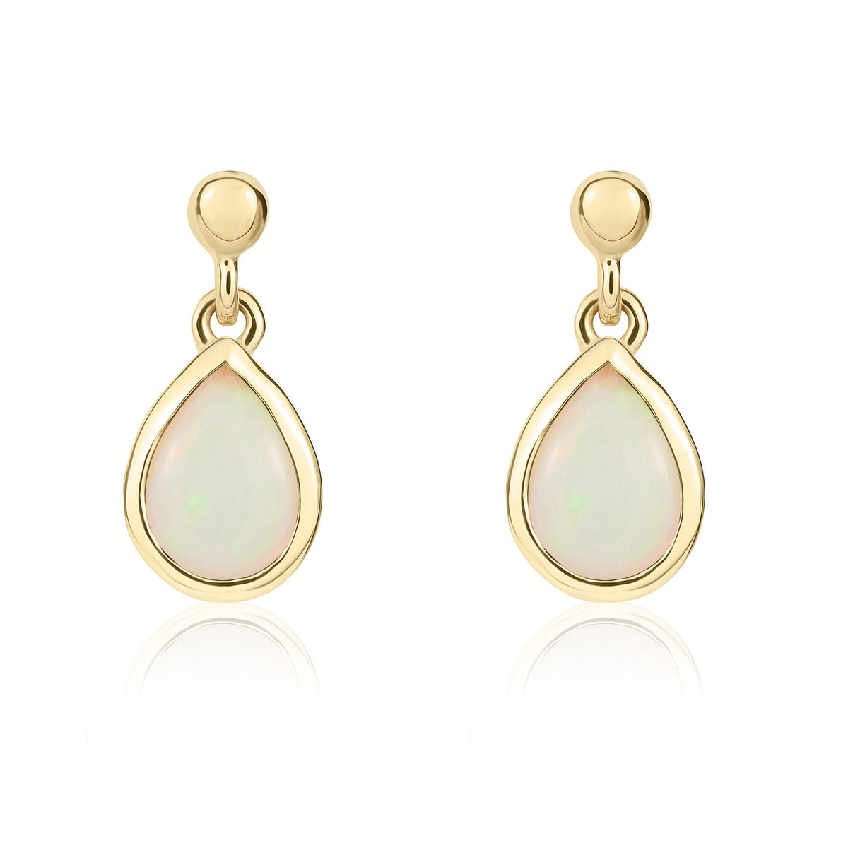 9ct Yellow Gold Pear Shaped Natural Opal Rubover Drop Earrings with 2.5mm Bead Top — 6x4mm