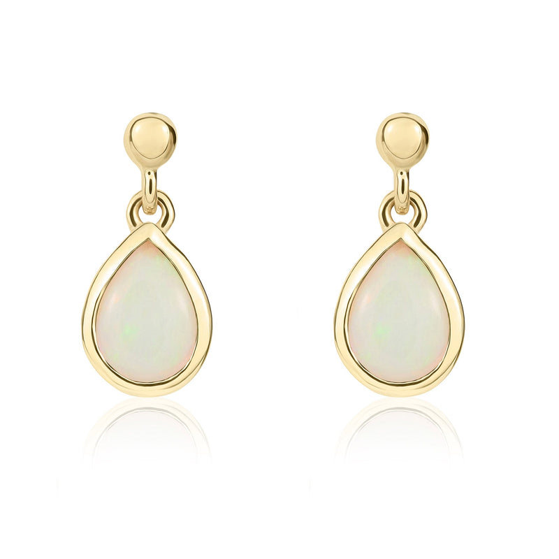 9ct Yellow Gold Pear Shaped Natural Opal Rubover Drop Earrings with 2.5mm Bead Top — 6x4mm