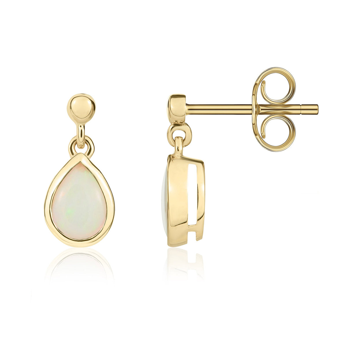 9ct Yellow Gold Pear Shaped Natural Opal Rubover Drop Earrings with 2.5mm Bead Top — 6x4mm