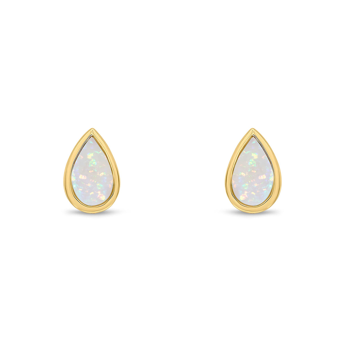 9ct Yellow Gold Pear Shaped Natural Opal Rubover Stud Earrings — 5x3mm